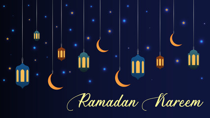 Poster - Ramadan kareem eastern lamps moons light blue illustration background