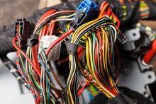 A Cable Of Matted Wires Of Different Colors With Connectors In The Electrical Wiring Of The Car. Internet Line In The Work Of The Provider.