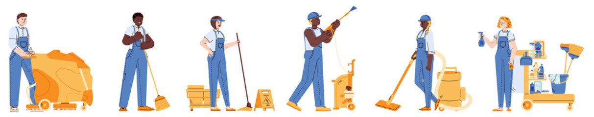 Illustration of a janitor cleaner worker vacuum cleaning facing front set inside ellipse done in retro style.