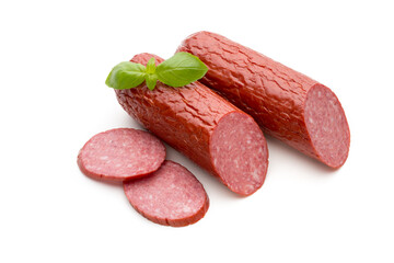 Wall Mural - Salami smoked sausage, basil leaves on white background cutout.