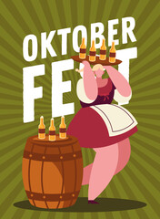 Wall Mural - oktoberfest woman cartoon with beer bottles on barrel vector design