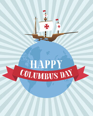 Sticker - ship on world with ribbon of happy columbus day vector design