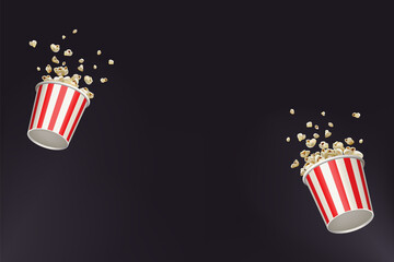 Popcorn splash movie round bucket cup. Realistic vector banner cinema pop corn paper bowl red white box. Blow up flying pop corn. Oops fall down. Isolated advertisemnt illustration