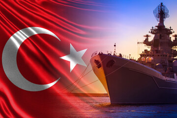 Wall Mural - Fleet Of The Republic Of Turkey. The Navy of Turkey. Moored warship with radars on the background of the Turkish flag. Protection of Turkish borders on the water. The naval forces of Turkey.