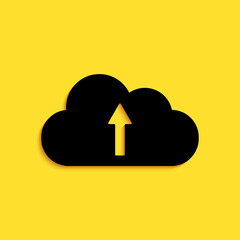 Poster - Black Cloud upload icon isolated on yellow background. Long shadow style. Vector.