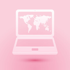 Poster - Paper cut Laptop with world map on screen icon isolated on pink background. World map geography symbol. Paper art style. Vector.
