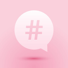 Paper Cut Hashtag In Circle Icon Isolated On Pink Background. Social Media Symbol, Concept Of Number Sign, Social Media, Micro Blogging Pr Popularity. Paper Art Style. Vector.