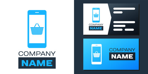 Poster - Logotype Mobile phone and shopping basket icon isolated on white background. Online buying symbol. Supermarket basket symbol. Logo design template element. Vector.