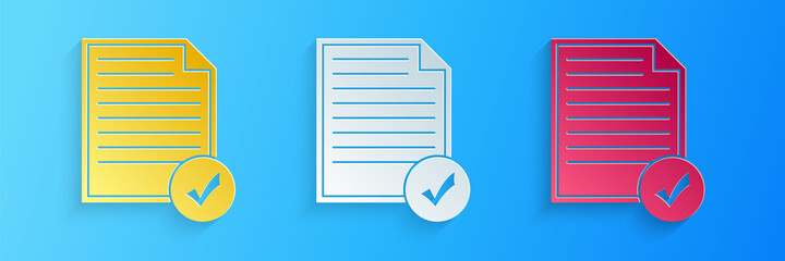 Poster - Paper cut Document and check mark icon isolated on blue background. Checklist icon. Business concept. Paper art style. Vector.