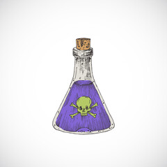 Wall Mural - Hand Drawn Colorful Halloween Witch Poison or Pottion Flask Bottle with Scull and Bones. Abstract Vector Illustration Sketch. Holiday Doodle Style Drawing.