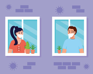 Wall Mural - stay home, quarantine or self isolation,house facade with windows and couple look out of home, stay safe quarantine concept vector illustration design