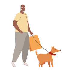 Wall Mural - old man afro with bag shopping, walking with dog mascot in white background vector illustration design