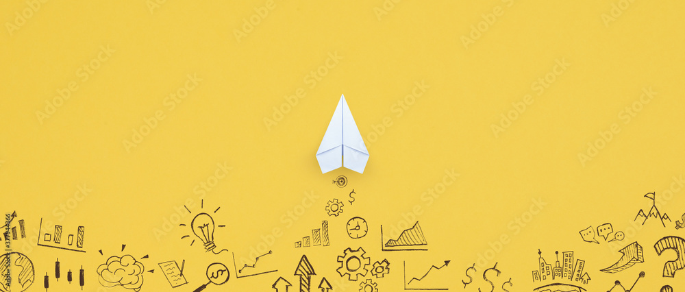 Business success, innovation and solution concept, Paper plane and business strategy on yellow background - obrazy, fototapety, plakaty 