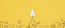 Business Success, Innovation And Solution Concept, Paper Plane And Business Strategy On Yellow Background