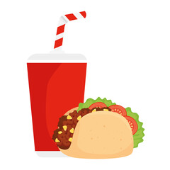 Sticker - taco mexican food with beverage in white background vector illustration design