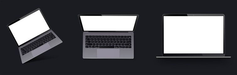 Aufkleber - Set of vector laptops with blank screen isolated on black background. Side, top view and isometric. Vector collection Mockups generic device. Template notebook for presentation.