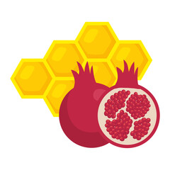 Poster - ripe pomegranate with honeycomb bee, on white background vector illustration design