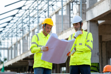 Aufkleber - architects and engineers with blueprint discussing work at new construction sites,engineering tools 