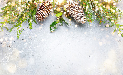 Wall Mural - christmas or winter background with a border of green and frosted evergreen branches and pine cones 