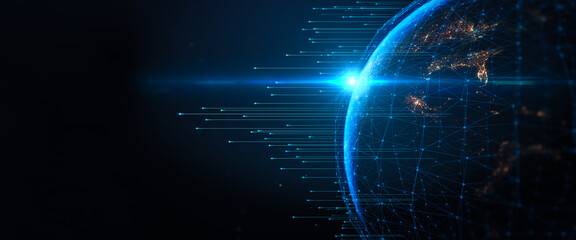 Concept of communication network technology for internet business. World of global network and telecommunication on earth cryptocurrency,IoT and blockchain. Elements of this image furnished by NASA.