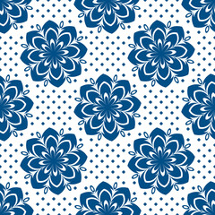 Poster - Abstract seamless pattern with stylized blue flowers on a white background.