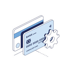 Poster - Credit Cards cog gears setting. Vector 3d line isometric, color web icons set, new flat style. Creative illustration, idea for infographics.