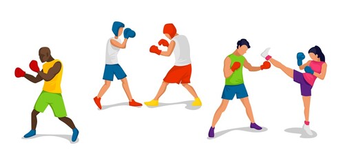 Poster - Fighting and training people isolated on white background. Sparring boxers in flat style. Fitness lifestyle people vector illustration