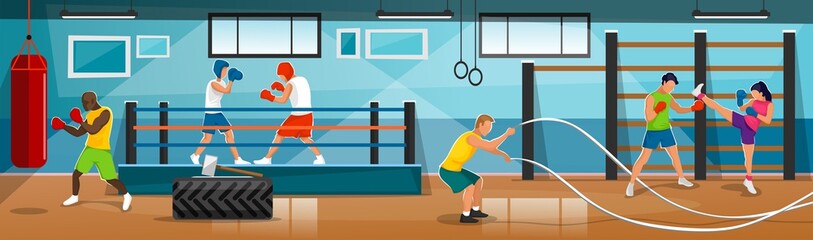 Wall Mural - Boxers making exercises in the sport club. Sparring fighting, punching bag and cardio exercises. Sport club interior in flat style.