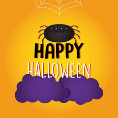 Sticker - happy halloween design with cartoon spider and purple clouds