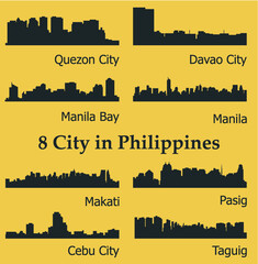 Wall Mural - Set of 8 city silhouette in Philippines ( Quezon City, Davao City, Makati, Manila, Pasig, Taguig, Cebu, Manila Bay )
