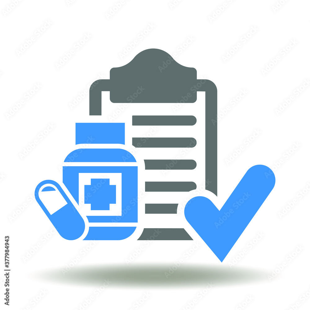 Pill capsule bottle with clip board and check mark icon vector. Pharmacy  standard compliance logo. Prescription sign. Stock Vector | Adobe Stock, image size:1000x1000