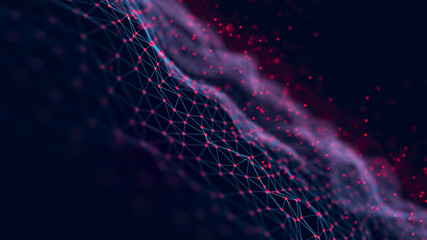 Connected polygons in a geometric background. Cybernetic particles network connection 3d rendering.