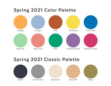 Spring / Summer 2021 Color Palette Example. Future Color Trend Forecast. Saturated And Classic Neutral Color Samples Set. Palette Guide With Named Color Swatches Included In EPS File. Letter Format.