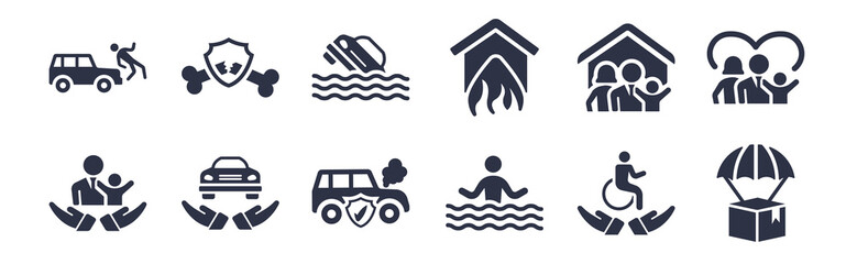 12 pack of black filled icons. glyph icons such as delivery insurance, drown, excessive weight for the vehicle, family house, fire insurance, flood risk, fracture for web and mobile apps, logo