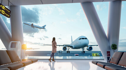 Young woman is watching the flight and sunset through window in airport

