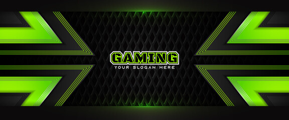 Futuristic green and black abstract gaming banner design with metal technology concept. Vector illustration for business corporate promotion, game header social media, live streaming background