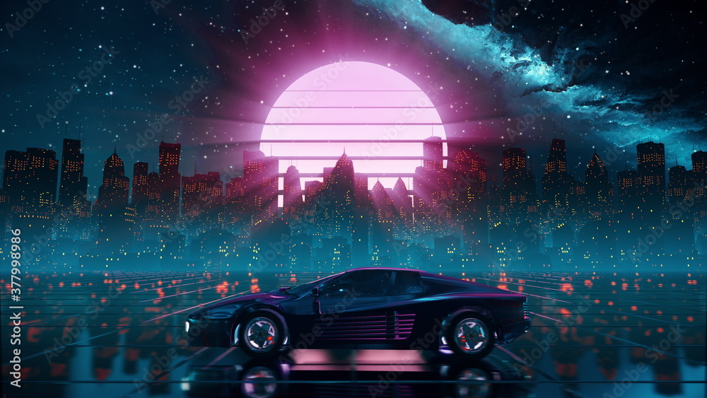 80s retro futuristic drive background with vintage car. Stylized sci-fi city landscape in outrun VJ style, night sky. Vaporwave 60 fps 3D illustration for EDM music video, DJ set, club. 4k - obrazy, fototapety, plakaty 