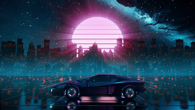 Wall Mural - 80s retro futuristic drive background with vintage car. Stylized sci-fi city landscape in outrun VJ style, night sky. Vaporwave 60 fps 3D illustration for EDM music video, DJ set, club. 4k