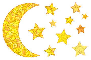 Wall Mural - Colorful crescent moon with stars on white. Moon and stars with abstract patterns on isolated background