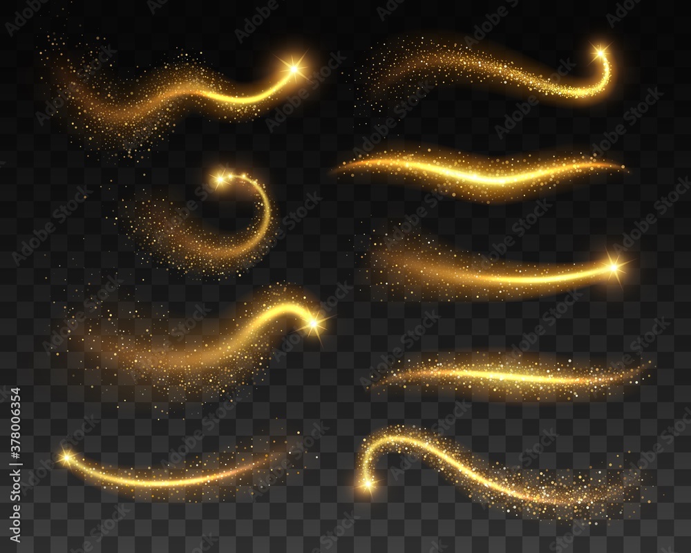 Stars with glowing golden sparkles, vector light effects on transparent background. Bright shining glitter sparks of gold stars with waves of sparkling dust trail, Christmas, magic or space themes - obrazy, fototapety, plakaty 