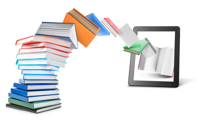 Modern tablet computer and books on white background. Concept of electronic book