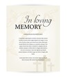 Funeral card vector template, vintage condolence obituary with typography in loving memory, cemetery christian crosses and flying doves above graveyard. Obituary memorial, funeral card, necrologue