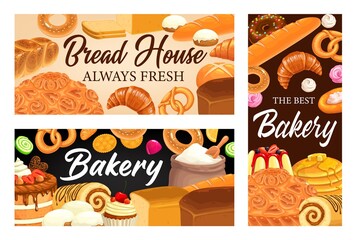 Wall Mural - Bakery shop, bread house vector banners. Pastry, desserts and sweets. Baked cakes, bagels and buns, baking sweet donuts, croissant and baguette, pretzel, cupcake and meringues baker store assortment