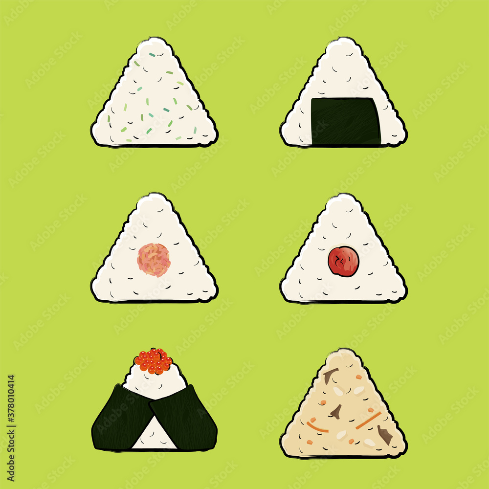 Fototapete 手描きタッチのおにぎりオムスビのイラスト6種セット イクラ海苔鮭青菜炊き込みご飯 Japanese Rice Balls Globeds