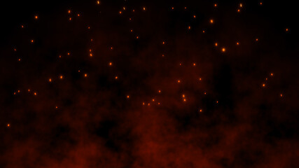 Wall Mural - 3d burning embers glowing. fire glowing particles on black background.