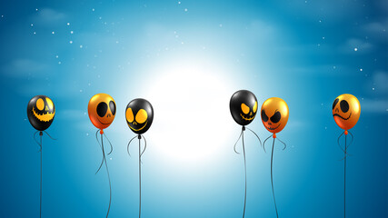 Aufkleber - Spooky night with flying balloons on dark blue sky.Happy halloween sale banner background template vector illustration.