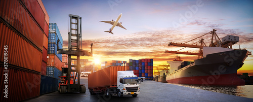 Cuadros en Lienzo Logistics and transportaIndustrial Container Cargo freight ship, forklift handli