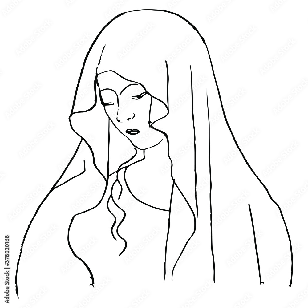 Virgin Mary icon. Portrait of beautiful medieval saint lady in a hood or  veil. Hand drawn linear ink sketch. Black silhouette on white background.  Stock Vector | Adobe Stock, image size:1000x1000