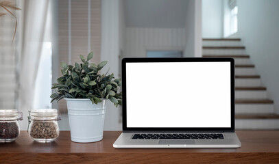 Mockup blank screen laptop with houseplant on wooden counter table in living room.