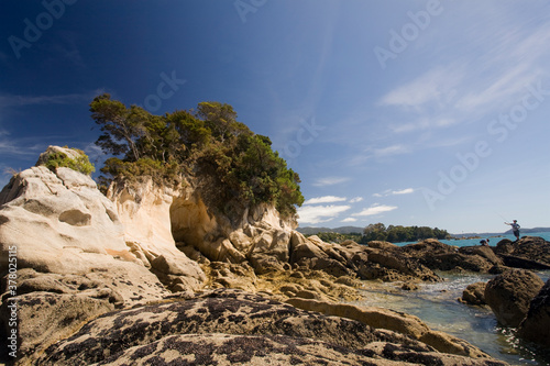 Obraz Dibond Young Boy Fishing, Abel Tasman National Park, New Zealand